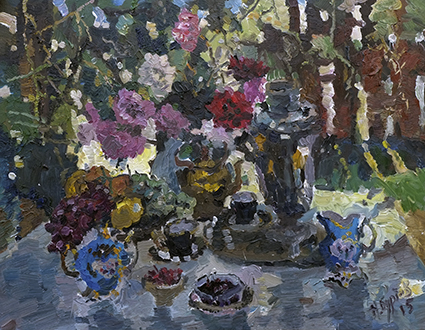 Буртов Н.В. натюрморт с розами в саду, импрессионизм