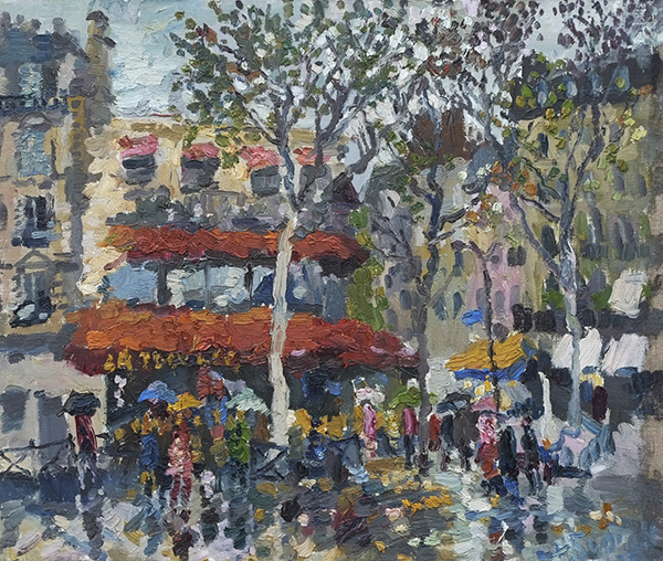 Картина, живопись маслом, Париж в дождь, реалистический пейзаж