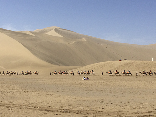 Песчаные дюны, караван верблюдов